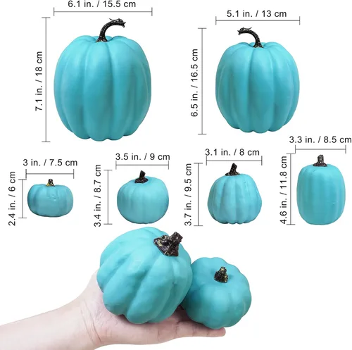 Miniatura 2 de Winlyn 7 Piezas Calabazas Artificiales Surtidas de Color Azul Verdoso para Halloween, Calabazas Decorativas Costeras de Espuma Falsas para Otoño