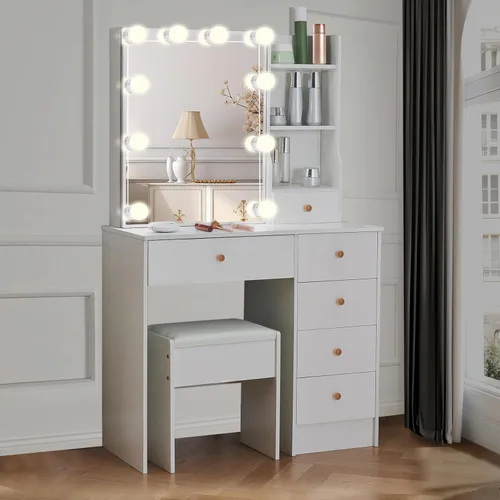 Miniatura 5 de Espejo de tocador con luces, escritorio y silla, 5 cajones y gabinete, mesa de maquillaje con espejo grande HD, 3 modos de iluminación, mesa