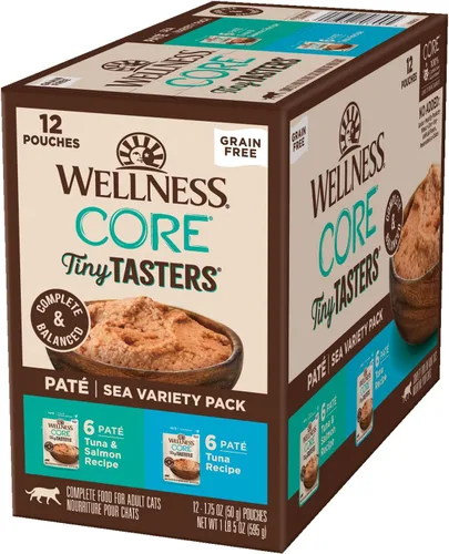 Wellness CORE Tiny Tasters - Alimento húmedo en paté para gatos adultos, natural, rico en proteínas, sin granos, bolsa de 1.75 onzas, paquete de 12