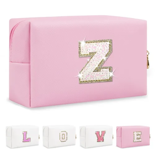 Miniatura 58 de Pequeña bolsa de maquillaje personalizada con inicial A-Z Preppy Patch, bolsa de cosméticos de viaje de felpilla blanca con cremallera, bonita bolsa
