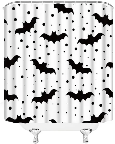 Miniatura 3 de AMFD Cortina de ducha espeluznante para Halloween, diseño de murciélagos blancos y negros, diseño de lunares, para niños, a la moda, para el hogar