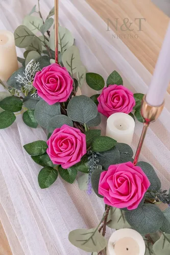 Miniatura 241 de N&T NIETING Flores artificiales, rosas artificiales de color rosa intenso, 50 piezas de flores falsas con tallo para ramos de boda DIY, centros