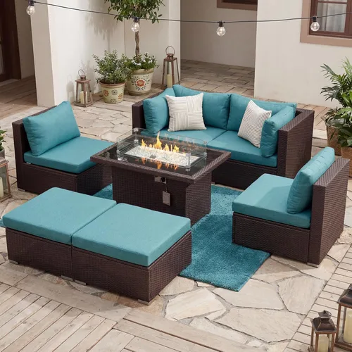Miniatura 2 de BULEXYARD Juego de muebles de patio de respaldo alto de 7 piezas con mesa de fogata de combustible dual propano/gas natural, sofá seccional