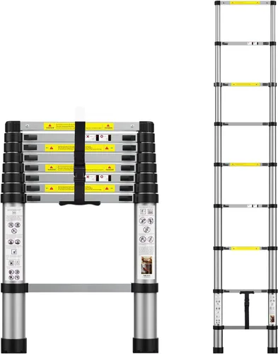 Escalera de extensión telescópica de 8.5 pies, escaleras telescópicas de aluminio con bolsa de transporte para uso en interiores y exteriores