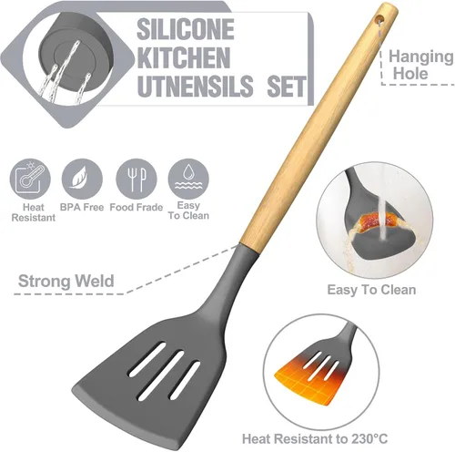 Miniatura 7 de Umite Chef Juego de Utensilios de Cocina de Silicona, 34 Piezas Gadgets y Herramientas de Cocina Resistentes al Calor con Rallador, Mangos de Madera