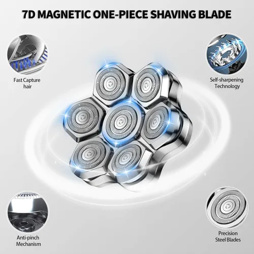 Miniatura 6 de Cabezales de repuesto universales para afeitadora de cabeza magnética, 7 cuchillas, cuchillas de repuesto para hombres calvos, compatibles