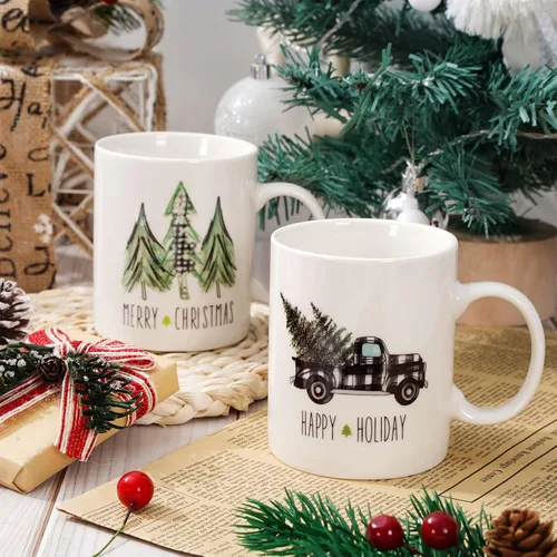 Miniatura 5 de Whaline Juego de 2 tazas de Navidad de 12 onzas con acuarela, a cuadros, árbol de Navidad, camión, taza de café, tazas de cerámica para fiesta