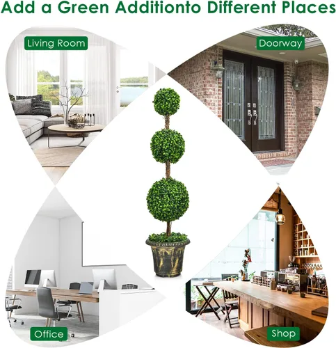 Miniatura 5 de Árbol artificial de boj de 4 pies, bolas triples Topiary en maceta de plástico rellena de cemento, plantas sintéticas para porche delantero, sala