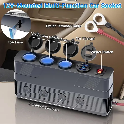 Miniatura 2 de Divisor de enchufe de encendedor de cigarrillos de 12V: toma de corriente de 180W 15A de 3 enchufes con 4 puertos USB PD66W QC18W - Divisor