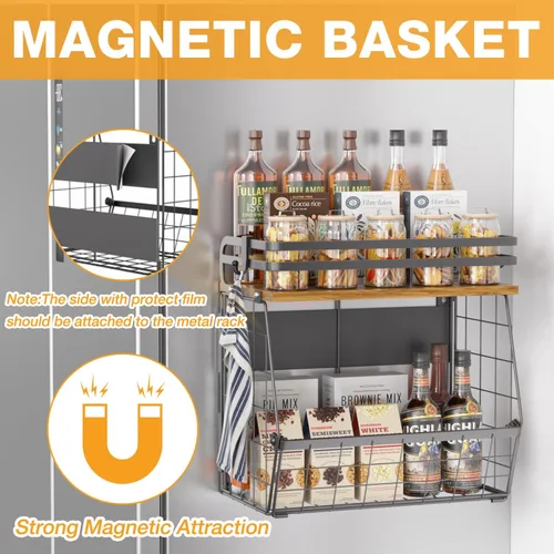 Miniatura 3 de Estante magnético para refrigerador con tapa de madera, organizador de cesta de alambre de gran capacidad para especias, frutas, cebollas y papas