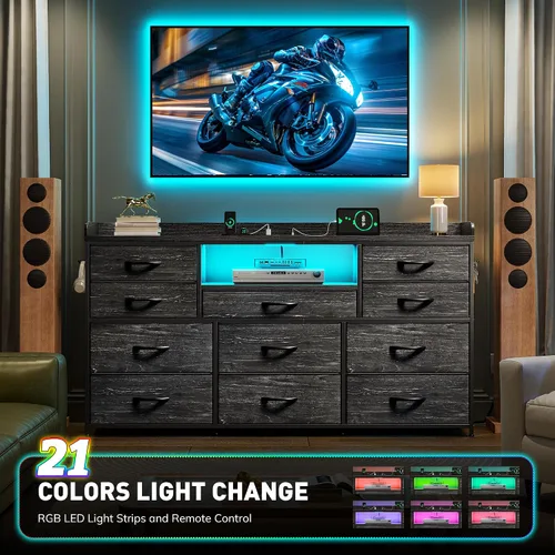 Miniatura 4 de Cómoda negra para dormitorio con luces LED y estación de carga y 4 ganchos, 11 cajones y cómodas de tela larga para TV de 50, 55, 60 pulgadas
