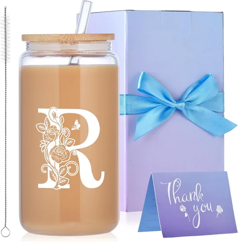 Miniatura 20 de Vasos de vidrio con iniciales con tapas y pajitas, regalos con monograma para mujeres, vaso de vidrio de cerveza de 16 onzas, taza de café helado