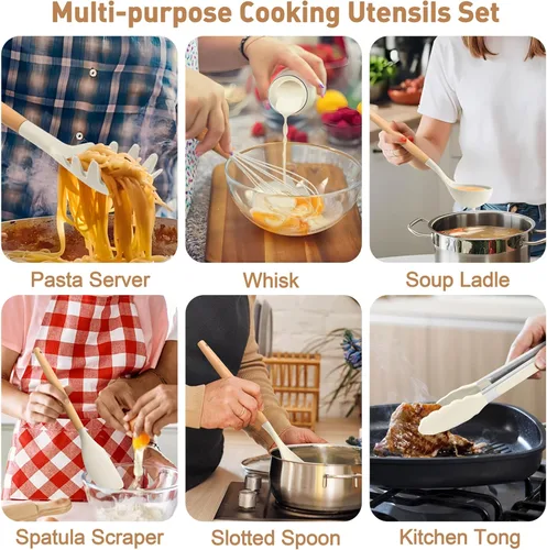 Miniatura 4 de LIANYU Juego de 15 utensilios de cocina de silicona con soporte, juego de utensilios de cocina antiadherentes, resistentes al calor y no tóxicos