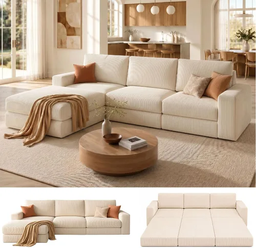 Miniatura 27 de Sofá seccional modular, 120.47" Sofá seccional moderno en forma de nube con chaise en L, cómodo sofá mullido de corduroy con asiento profundo, sofás