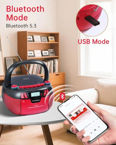 Miniatura 5 de Reproductor de CD Boombox con Bluetooth y reproductor de casete Radio AM/FM portátil, entrada MP3/USB/AUX, sistema de sonido estéreo