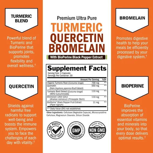 Miniatura 2 de Suplemento de quercetina de cúrcuma con bromelina, apoyo natural extra fuerte para el sistema inmunológico y articular con pimienta negra BioPerine