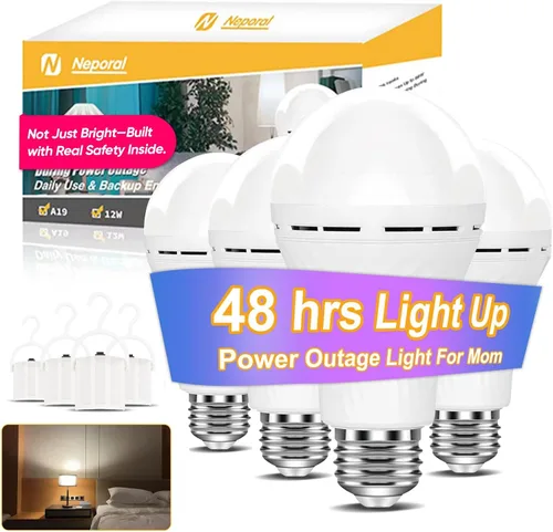 Miniatura 12 de Neporal LITE Bombillas de luz de emergencia recargables A19, se encienden hasta por 48 horas, bombilla de batería, bombilla LED E26 de 5000K, luces