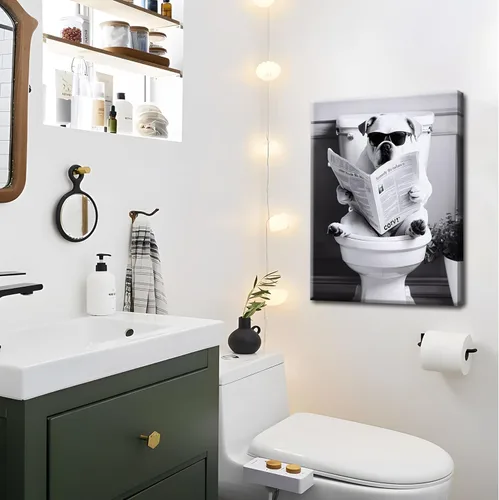 Miniatura 7 de Divertida imagen de baño para decoración de pared, periódico de lectura de perros en el inodoro, arte de pared enmarcado en blanco y negro