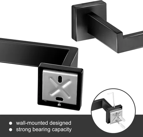 Miniatura 5 de Juego de accesorios de baño de 5 piezas, color negro mate, toallero montado en la pared, soporte para papel higiénico, ganchos de acero inoxidable
