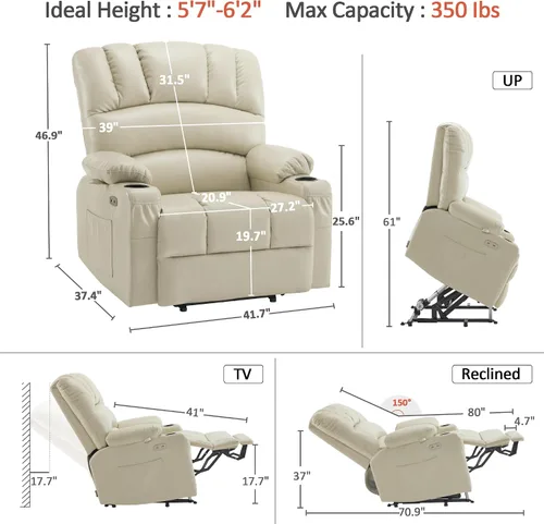 Miniatura 2 de MCombo Silla reclinable de elevación eléctrica extragrande para ancianos, silla elevadora con calor y masaje, reclinable para personas grandes