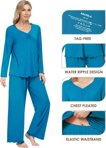 Miniatura 4 de NACHILA Conjunto de pijama de bambú de manga larga para mujer, conjunto de pijama suave, pantalones de descanso, talla XXL