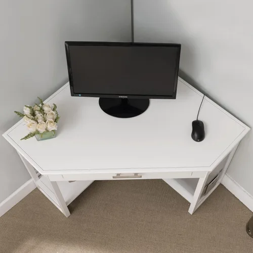 Miniatura 7 de Leick Home Sage 85430 - Escritorio esquinero de oficina, madera maciza, con cajón frontal para teclado, color blanco blanco (White/Brushed Nickel)