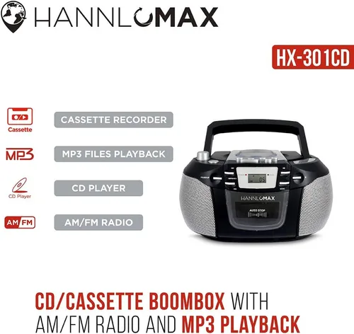 Miniatura 4 de HANNLOMAX HX-301CD CD/MP3 Boombox, radio AM/FM, grabadora de cassette, grabaciones de CD o radio, conector para auriculares, pantalla LCD, fuente