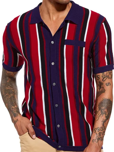 LecGee Polo de golf con botones para hombre, manga corta, estilo vintage, a rayas, de punto casual