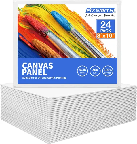 FIXSMITH Tableros de lienzo para pintar de 8x10 pulgadas, paquete súper valor de 24 lienzos para pintura, paneles de lienzo en blanco, 100% algodón