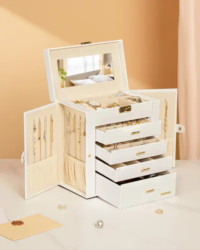 Miniatura 27 de Homde Regalos de Navidad de cuero sintético, enorme joyero, organizador de reloj con espejo, collar, anillo y aretes, estuche de regalo con Dorado