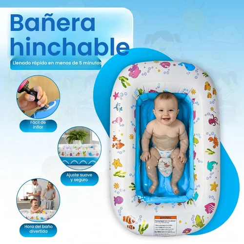 Miniatura 4 de Mommy's Helper Bañera inflable bajo el mar, bañera plegable y segura para bebé con asiento antideslizante de cuerno de sillín para niños, baño