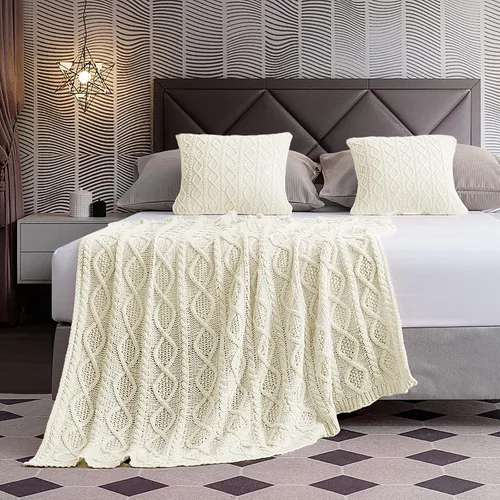 Miniatura 5 de Homiest Juego de 3 mantas y almohadas de punto trenzado, color blanco crema, manta de punto (50 x 60 pulgadas) y 2 fundas de almohada