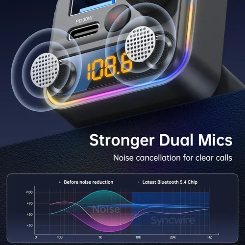 Miniatura 2 de Syncwire Bluetooth 5.4 Transmisor FM Adaptador para Coche 42W [Interruptor de Luz] [Micrófono Dual Más Potente] [Sonido de Graves HiFi]