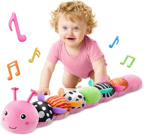 HEMRLY Juguetes de regalo para bebés, juguete sensorial de 0 a 6 meses, oruga musical de peluche suave con dentición, sonajero para tiempo de Rosa