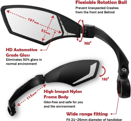 Miniatura 2 de Hafny - Espejo para manubrio de bicicleta – Vidrio HD, ángulo amplio, ajustable 360° de vista trasera – Resistente a roturas, antirreflejos
