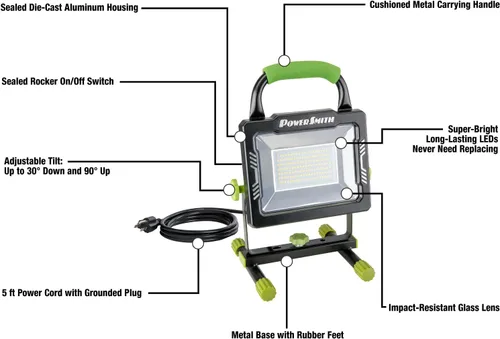 Miniatura 2 de POWERSMITH 10,000 luces de trabajo LED portátiles con carcasa y soporte de metal, lente resistente a impactos y garantía de 5 años (PWLS100H)
