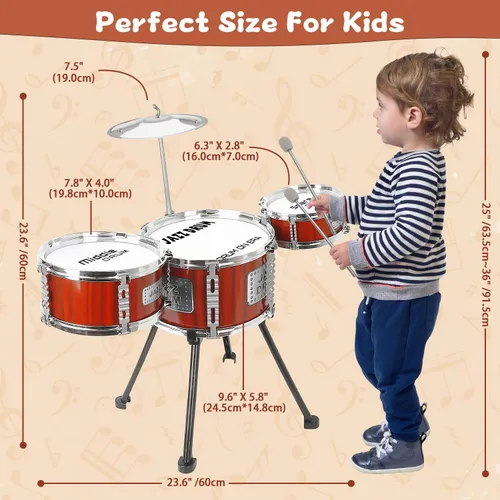 Miniatura 7 de Juego de Batería para Niños, Juguetes Musicales, Juego de Tambores para Niños Pequeñas de 3 a 5 Años, Kit de Tambores Jazz con Taburete, 3 Tambores