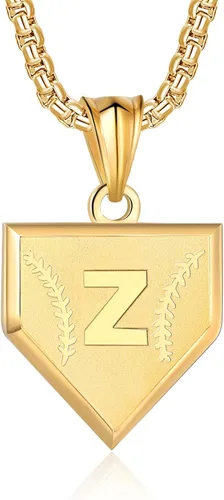 Miniatura 25 de Collar con inicial de la A a la Z para niños, de acero inoxidable, con dije de escudo de letra, cadena de 22 + 2 pulgadas, inspirador de béisbol