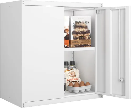 GREATMEET Armario de pared de metal, gabinete de pared con puertas y estante ajustable, gabinete de almacenamiento de metal con cerradura, gabinete