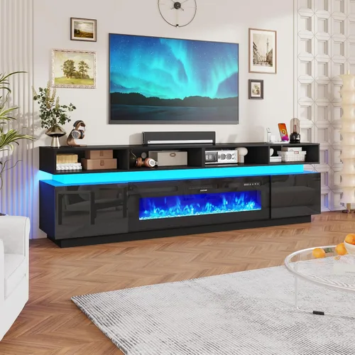 Miniatura 13 de chartustriable Soporte de TV LED para TV de 80 pulgadas, centro de entretenimiento alto moderno con tomas de corriente, soporte de TV de alto