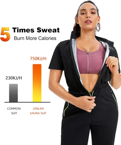 Miniatura 2 de Junlan Traje de Sauna para Mujer, Mono de Sudar con Cuello Redondo, Camisa de Atrapamiento de Calor para Mujer, para Entrenamiento y Deportes