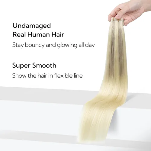 Miniatura 6 de HOTBANANA Extensiones de cabello con cinta, 10 pulgadas, 10 unidades, 0.71 onzas de rubio ceniza degradado a rubio dorado y rubio platino