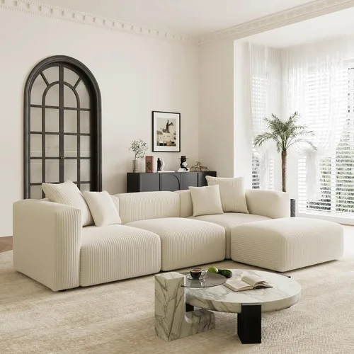 Miniatura 16 de Acanva - Sofá modular convertible de corduroy en forma de L, 4 plazas con combinación libre de esquina, convertible a cama diurna, sofá amplio