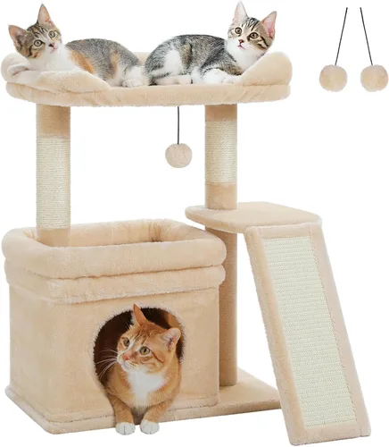 PEQULTI Torre de árbol para gatos pequeños para gatos adultos grandes con percha superior ancha, condominio privado para gatos y poste rascador de