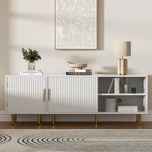 Miniatura 7 de Housoul Soporte de TV moderno combinado para TV de 55/60/65 pulgadas, pequeño centro de entretenimiento acanalado con estante ajustable, soporte