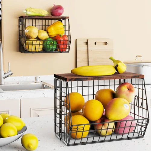 Miniatura 3 de Mefirt 2 cestas de frutas para almacenamiento de cocina con tapa de madera, cesta de pared apilable para cocina, organizador de encimera para Marrón