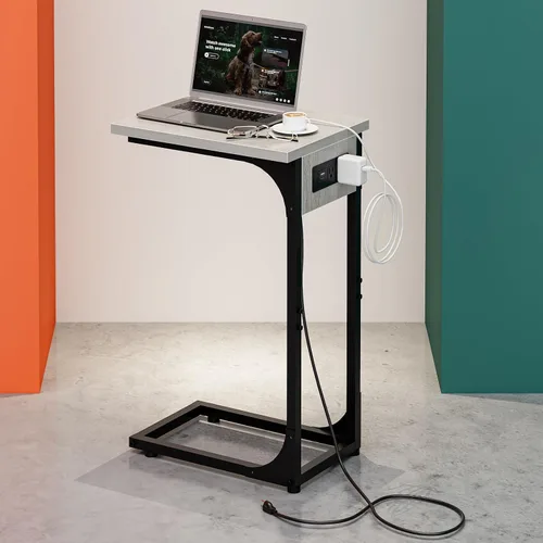 Miniatura 16 de Mesa auxiliar en forma de C para sofá, soporte de café pequeño, bandeja de sofá con marco de metal, parte superior de madera impermeable resistente