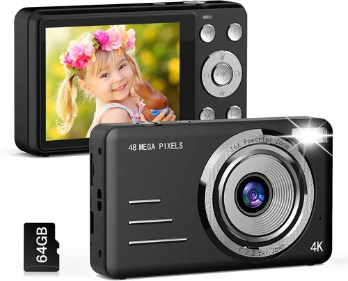 Cámara digital FHD 1080P para niños, 48MP apunta y dispara, con una tarjeta de 64 GB, zoom 16X, antivibraciones, cámara pequeña compacta para niños,