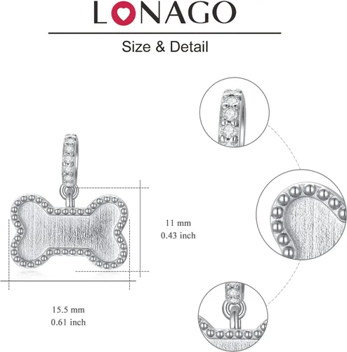 Miniatura 19 de LONAGO Abalorio personalizado con foto de plata de ley 925 con diseño de hueso de perro para pulsera