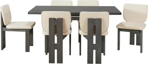 Miniatura 7 de Merax Juego de comedor retro de 7 piezas para 6, mesa rectangular de madera de goma con base de caballete diseñada y 6 sillas tapizadas para comedor